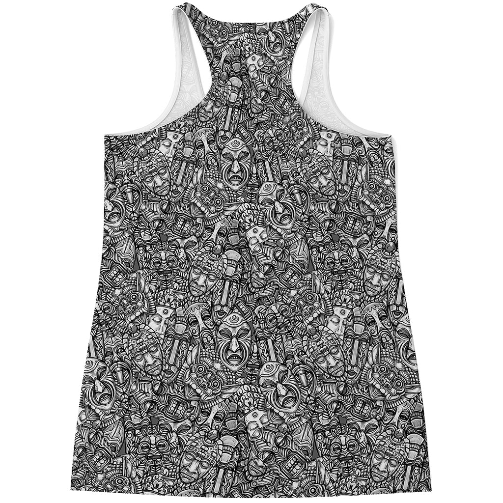 Grey And White Totem Pattern Print Women's Racerback Tank Top
