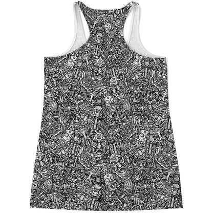Grey And White Totem Pattern Print Women's Racerback Tank Top