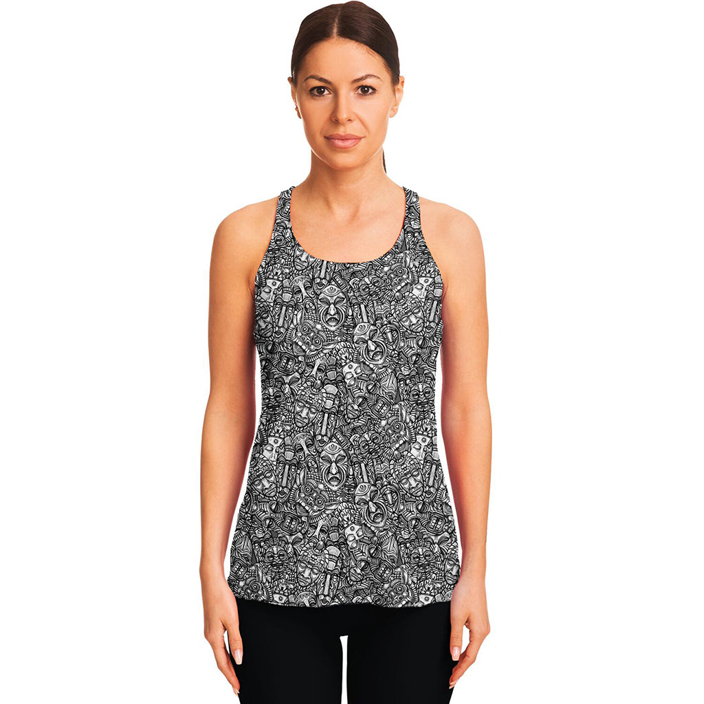 Grey And White Totem Pattern Print Women's Racerback Tank Top