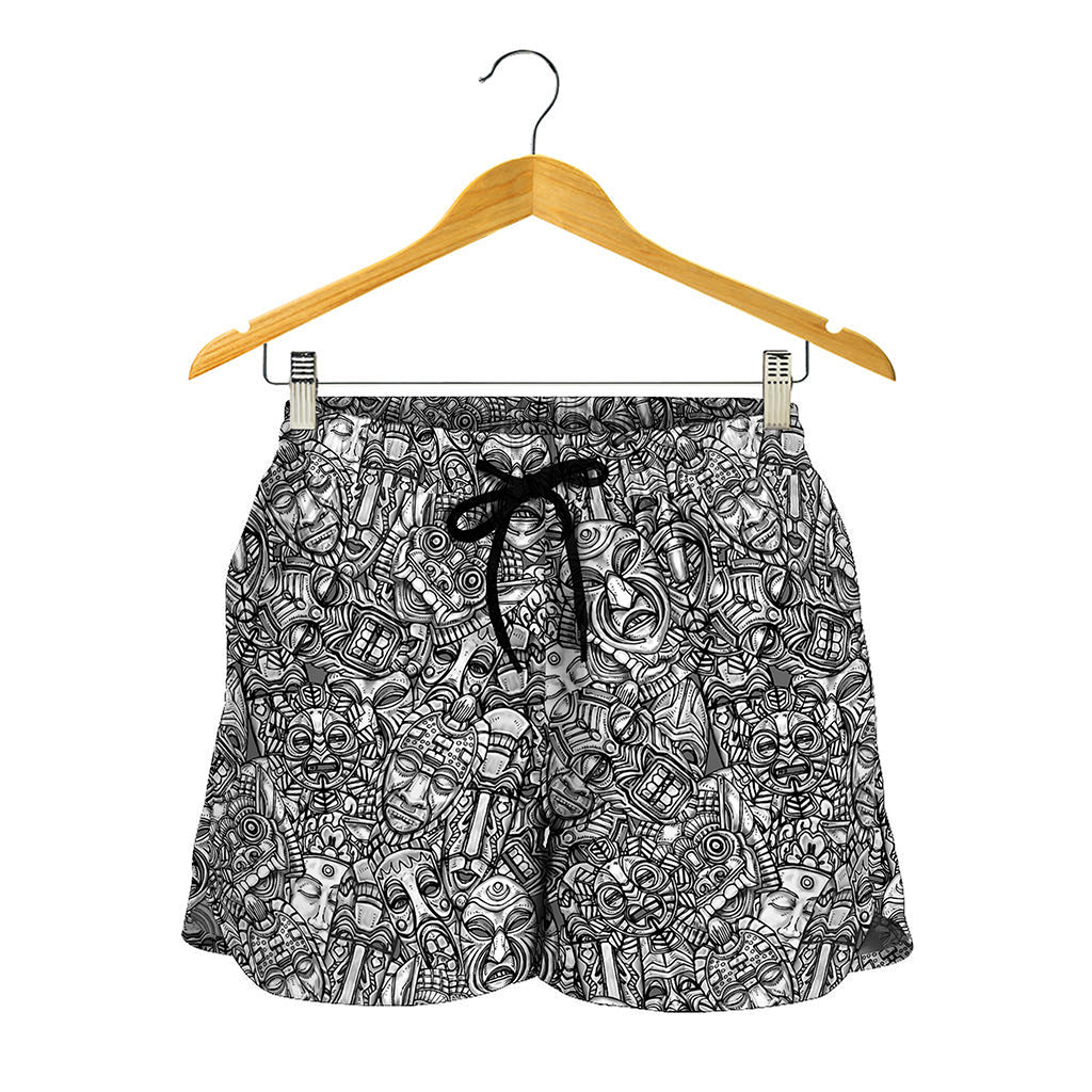 Grey And White Totem Pattern Print Women's Shorts