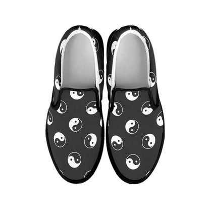 Grey And White Yin Yang Pattern Print Black Slip On Shoes