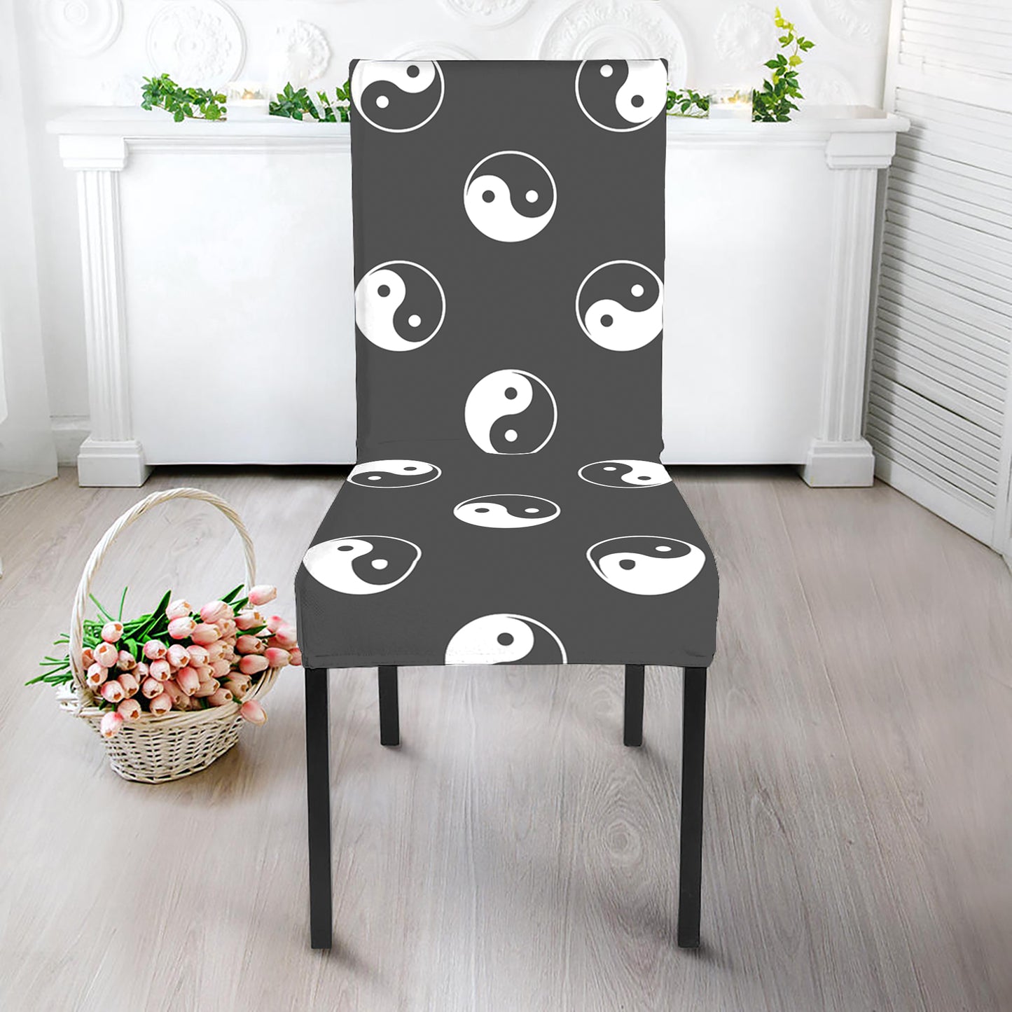 Grey And White Yin Yang Pattern Print Dining Chair Slipcover