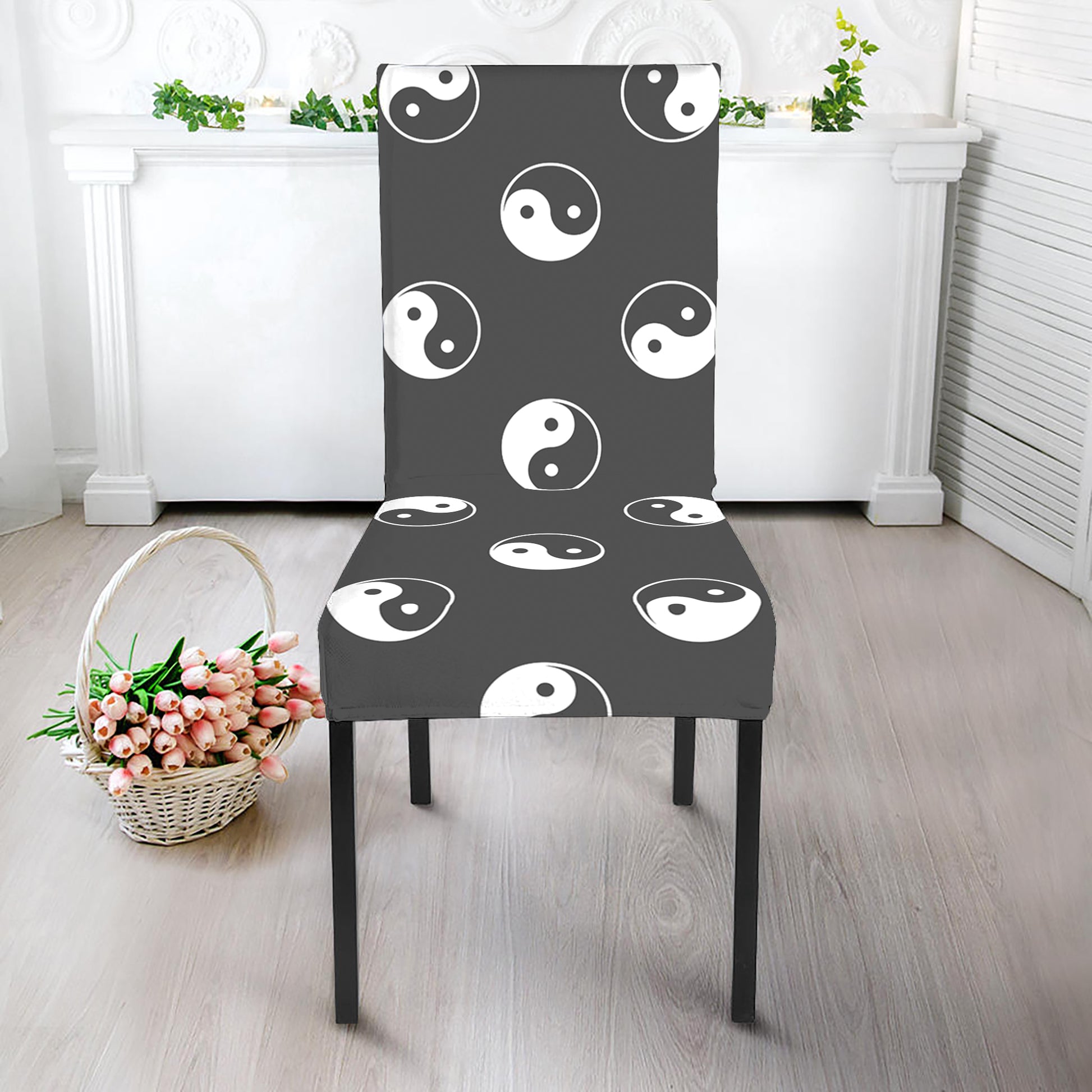 Grey And White Yin Yang Pattern Print Dining Chair Slipcover