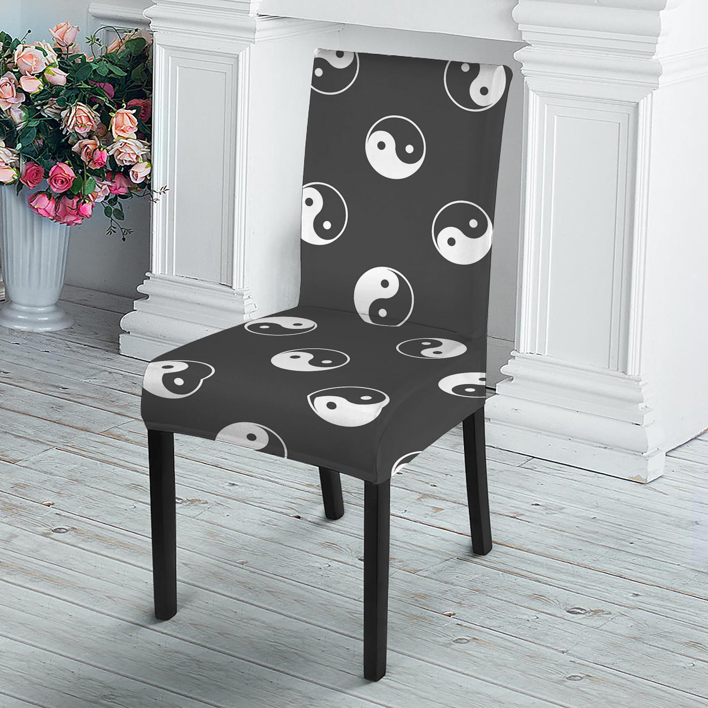 Grey And White Yin Yang Pattern Print Dining Chair Slipcover
