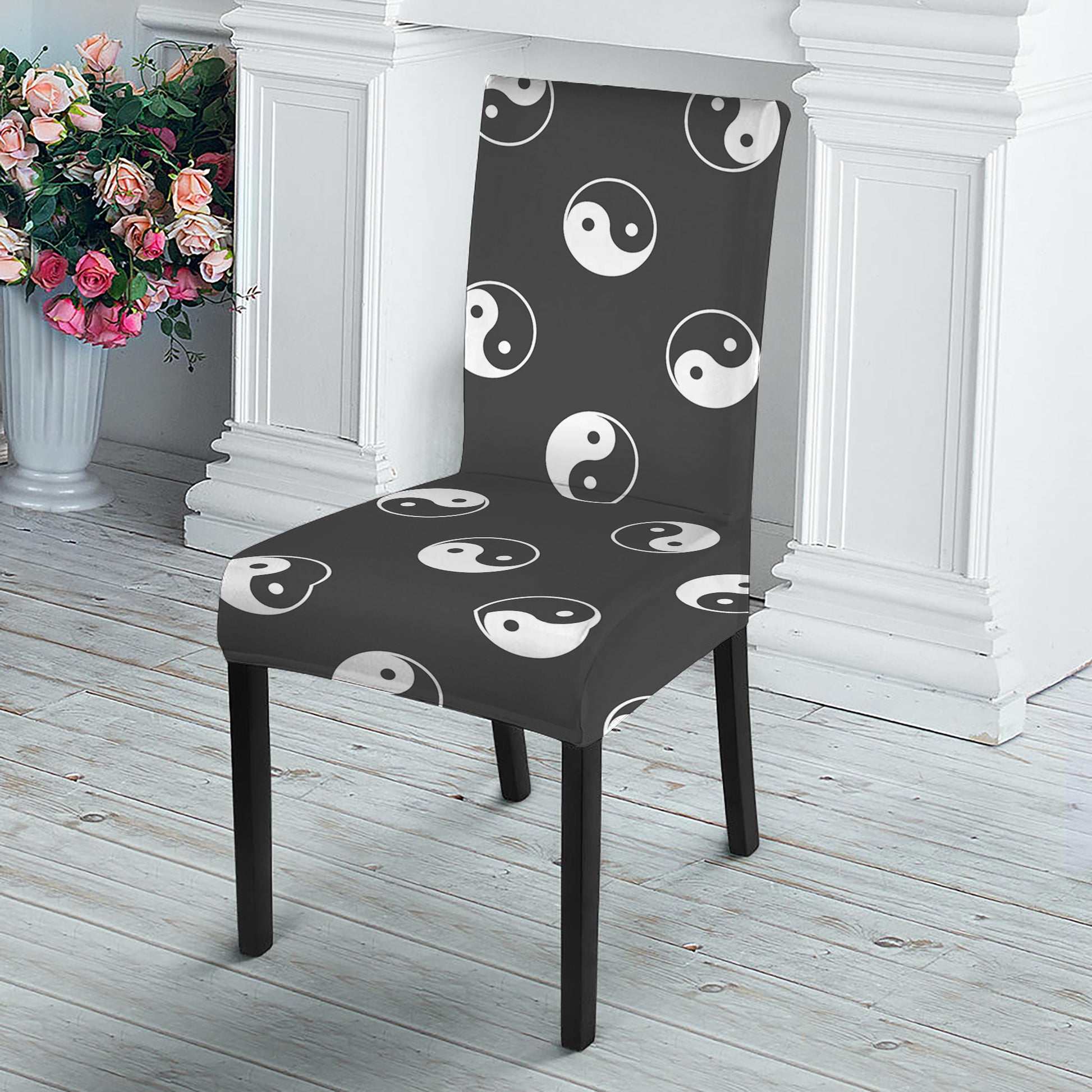Grey And White Yin Yang Pattern Print Dining Chair Slipcover
