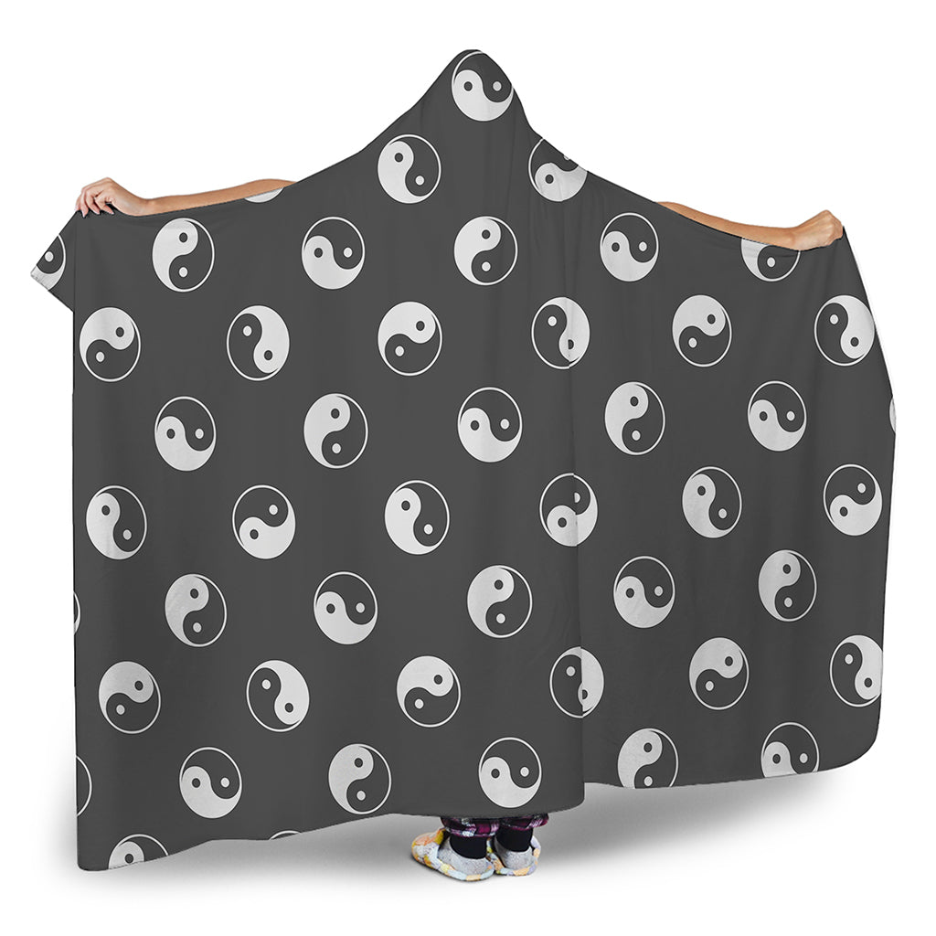 Grey And White Yin Yang Pattern Print Hooded Blanket