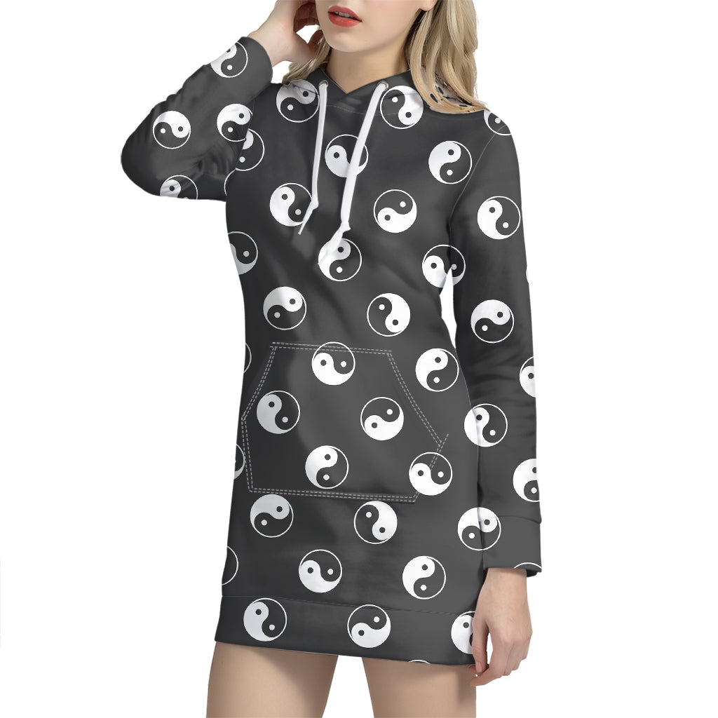 Grey And White Yin Yang Pattern Print Hoodie Dress