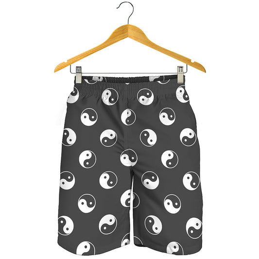 Grey And White Yin Yang Pattern Print Men's Shorts