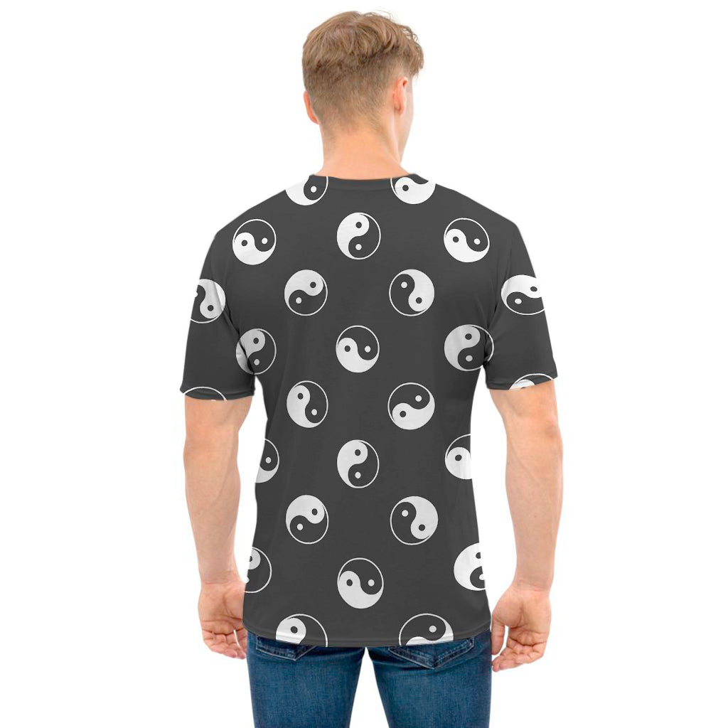Grey And White Yin Yang Pattern Print Men's T-Shirt