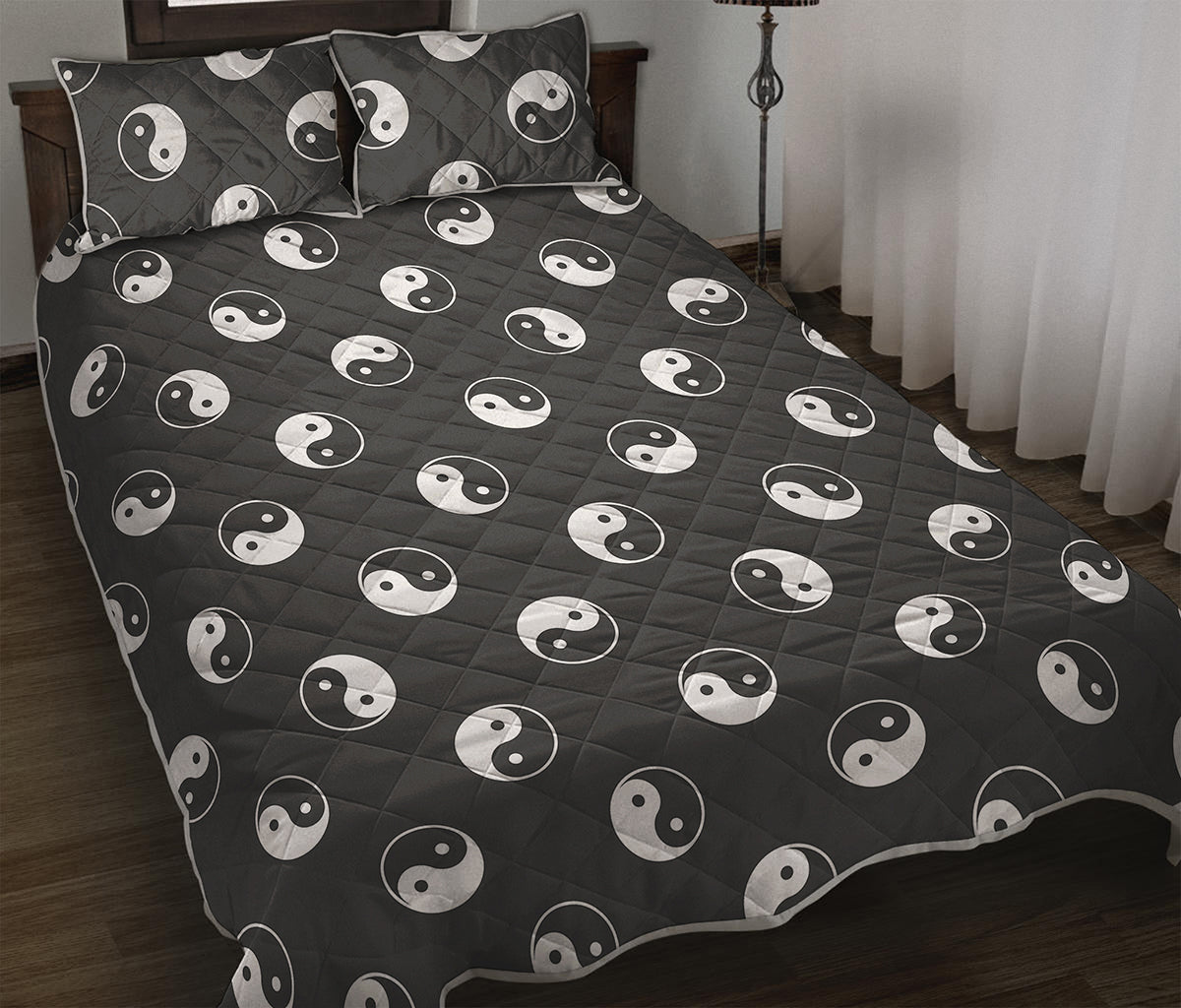 Grey And White Yin Yang Pattern Print Quilt Bed Set