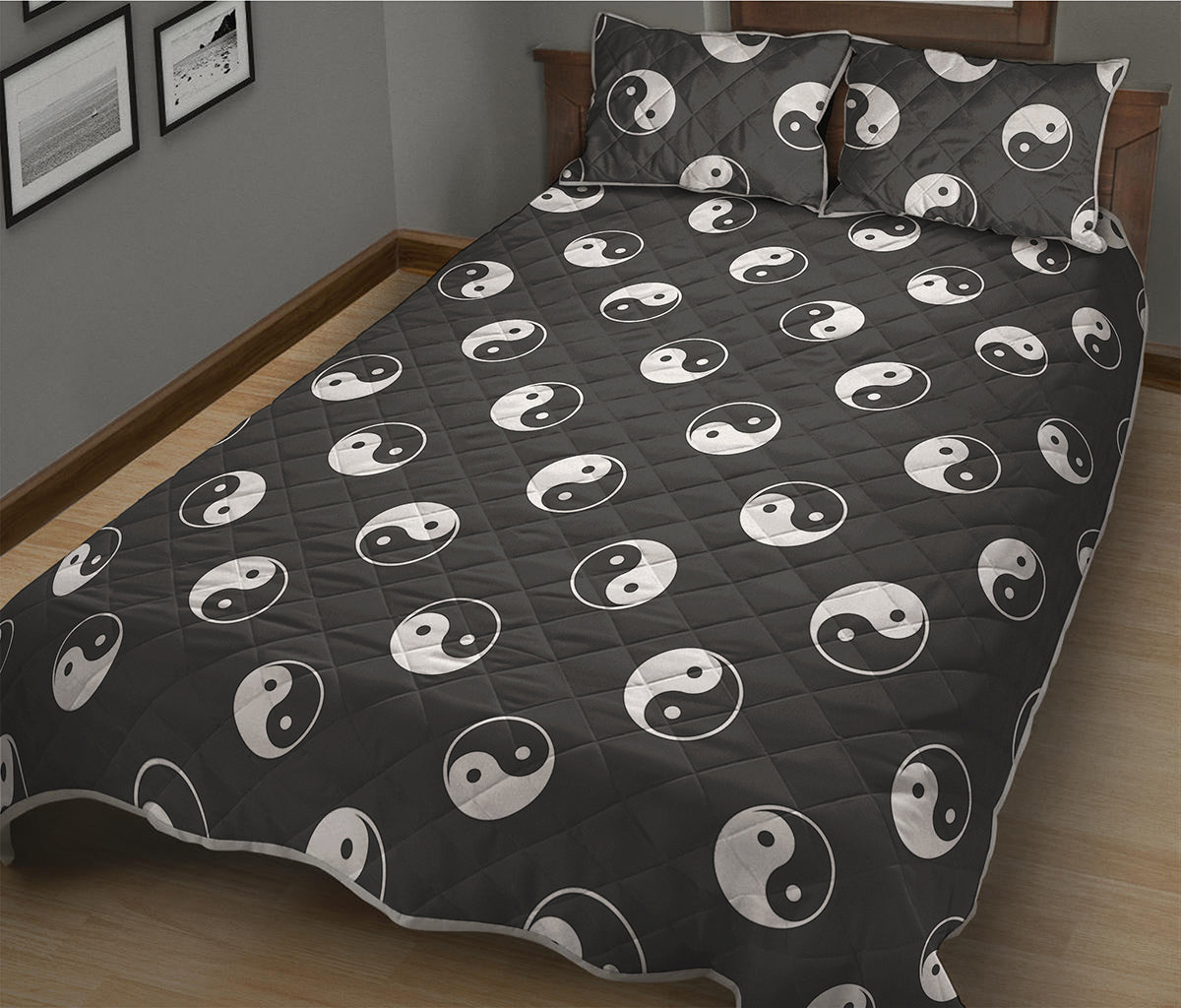 Grey And White Yin Yang Pattern Print Quilt Bed Set
