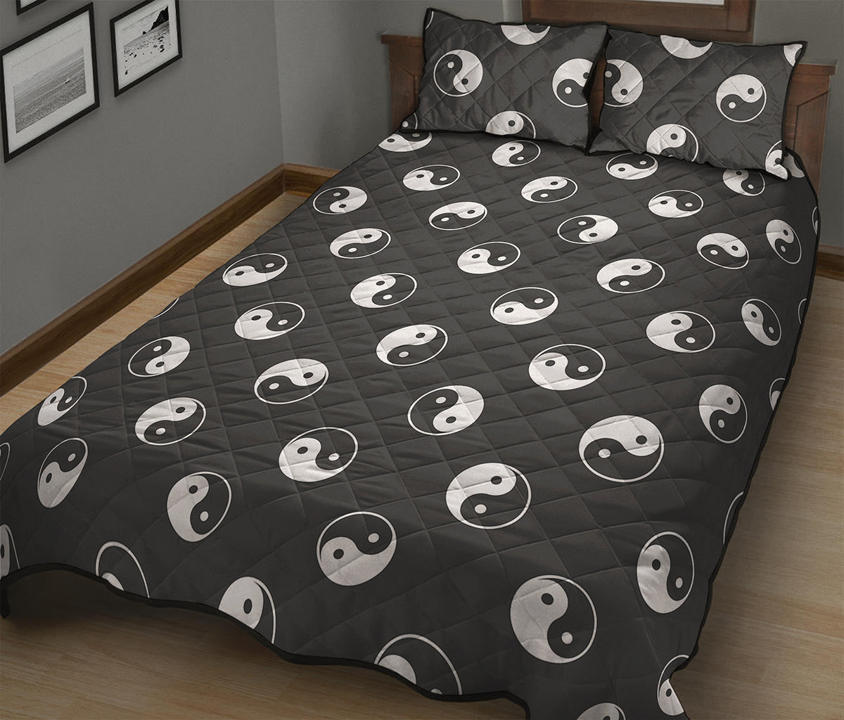 Grey And White Yin Yang Pattern Print Quilt Bed Set
