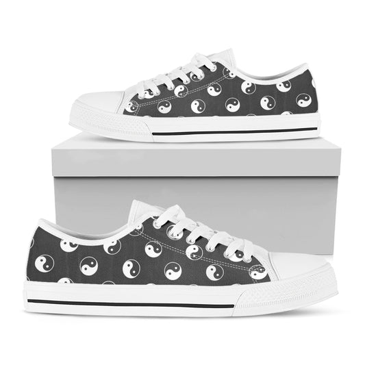 Grey And White Yin Yang Pattern Print White Low Top Shoes