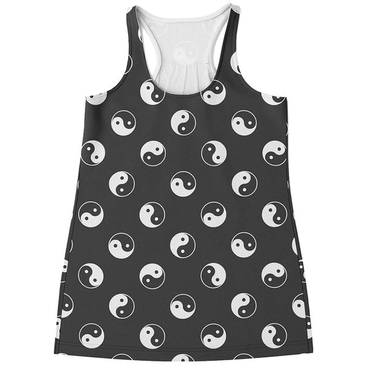 Grey And White Yin Yang Pattern Print Women's Racerback Tank Top