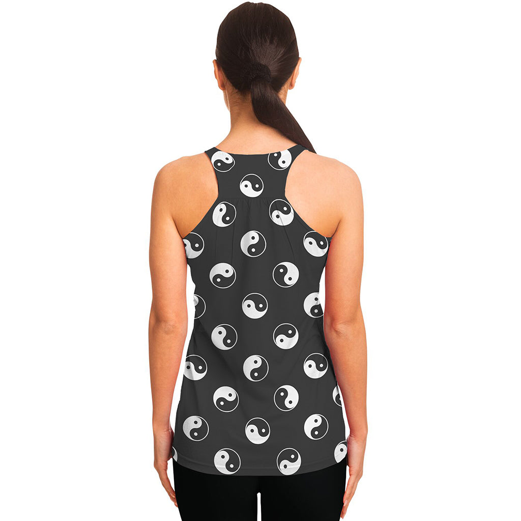 Grey And White Yin Yang Pattern Print Women's Racerback Tank Top