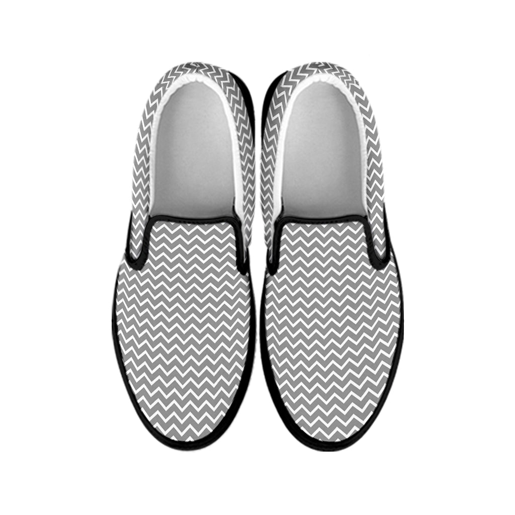 Grey And White Zigzag Pattern Print Black Slip On Shoes