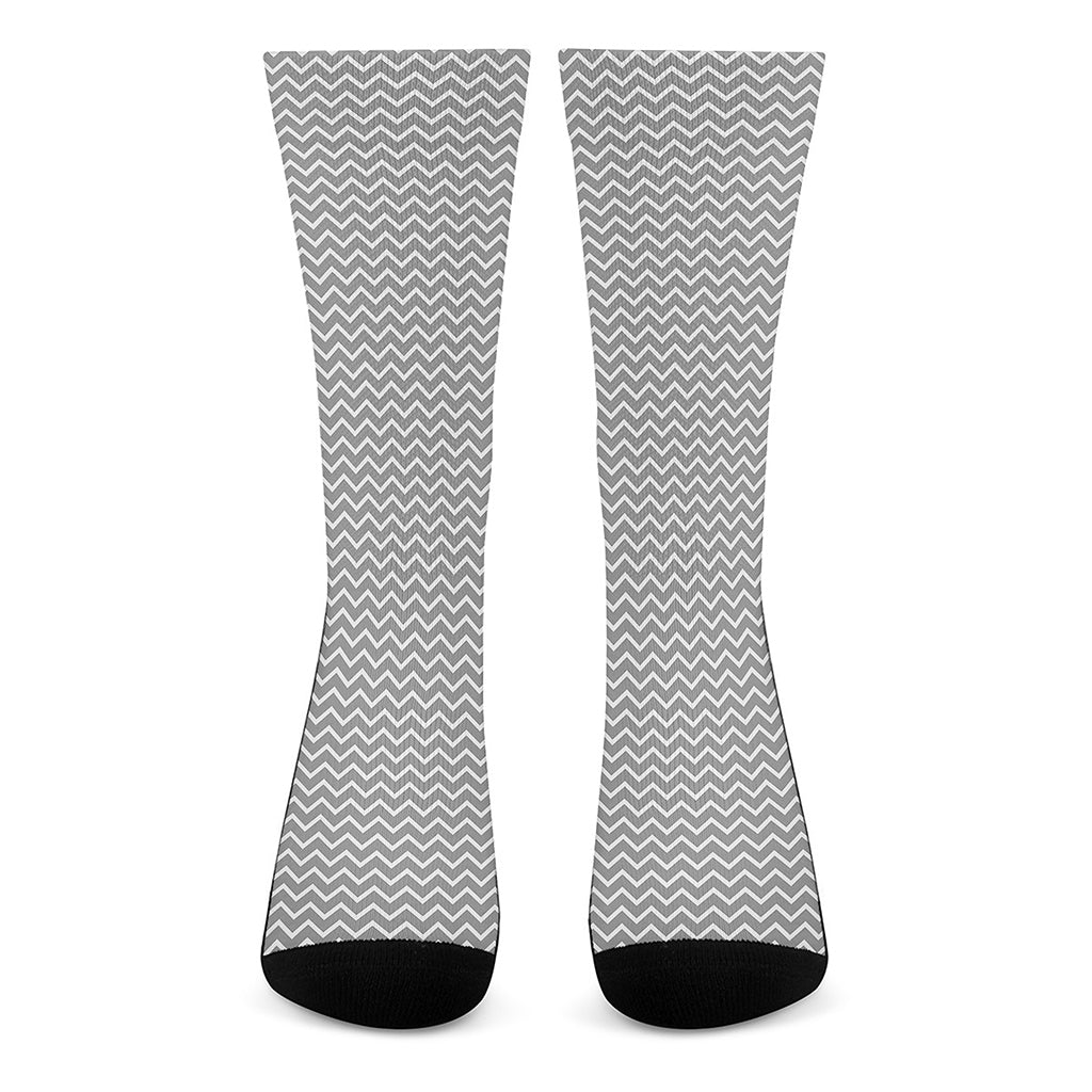 Grey And White Zigzag Pattern Print Crew Socks