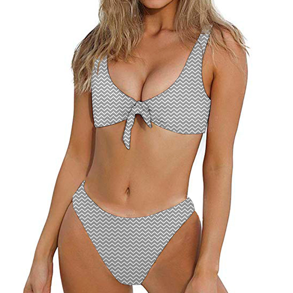 Grey And White Zigzag Pattern Print Front Bow Tie Bikini