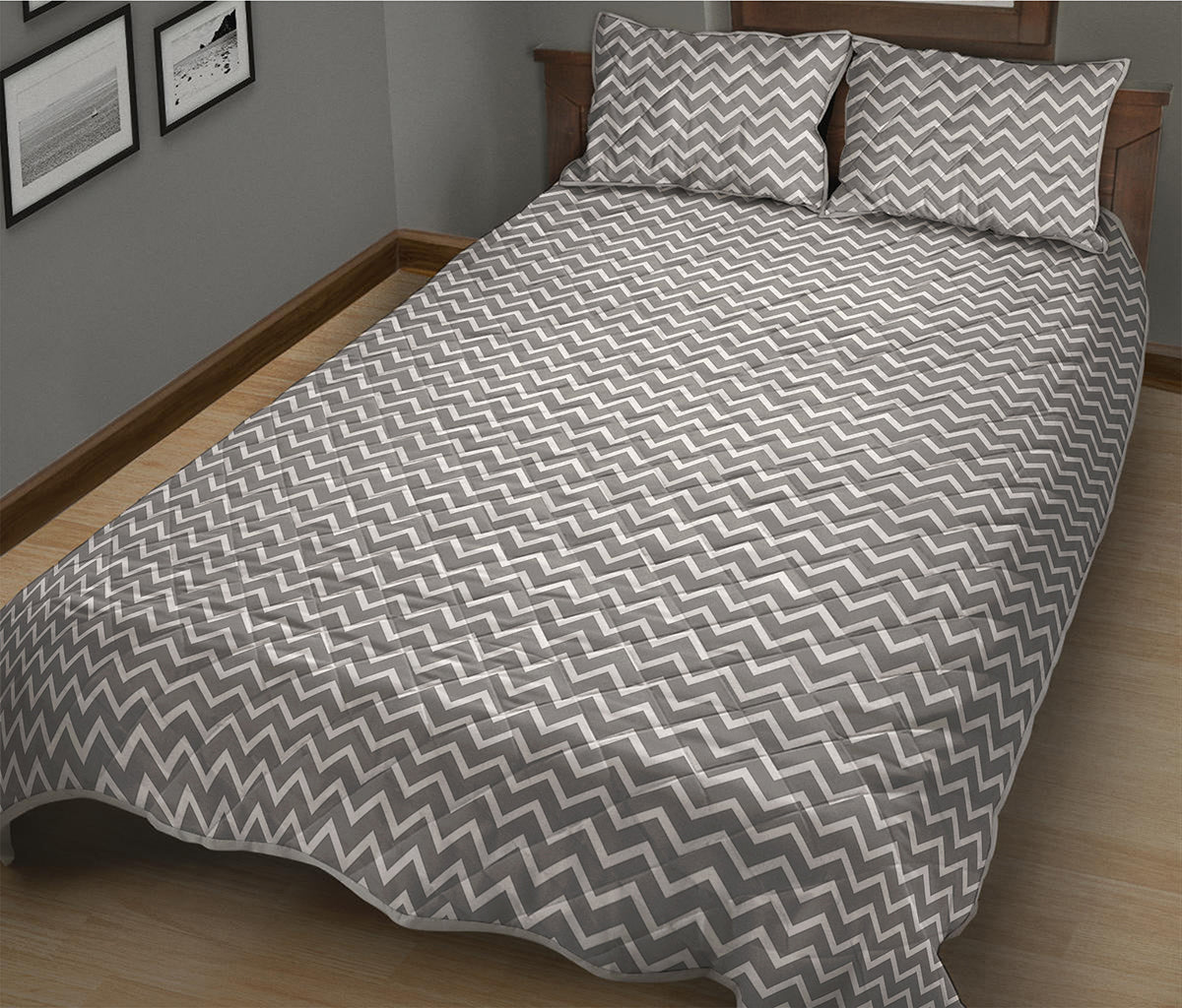 Grey And White Zigzag Pattern Print Quilt Bed Set