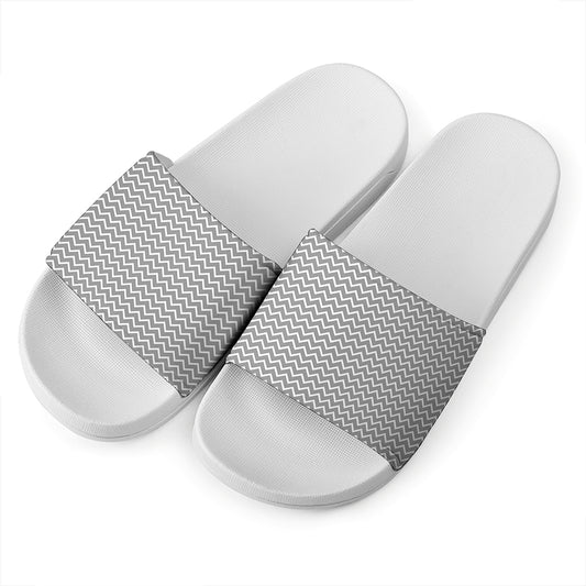 Grey And White Zigzag Pattern Print White Slide Sandals