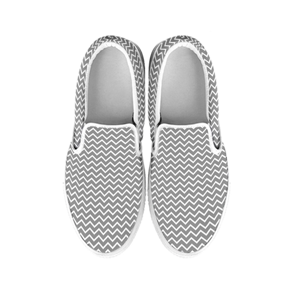 Grey And White Zigzag Pattern Print White Slip On Shoes