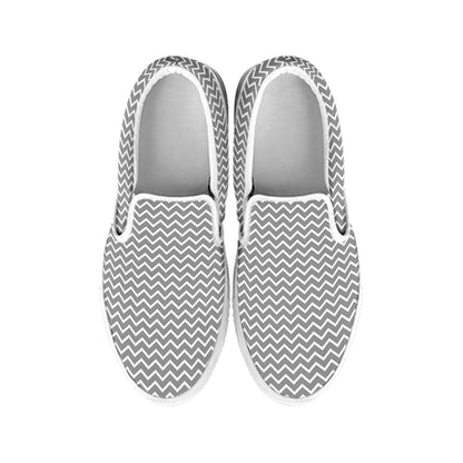 Grey And White Zigzag Pattern Print White Slip On Shoes