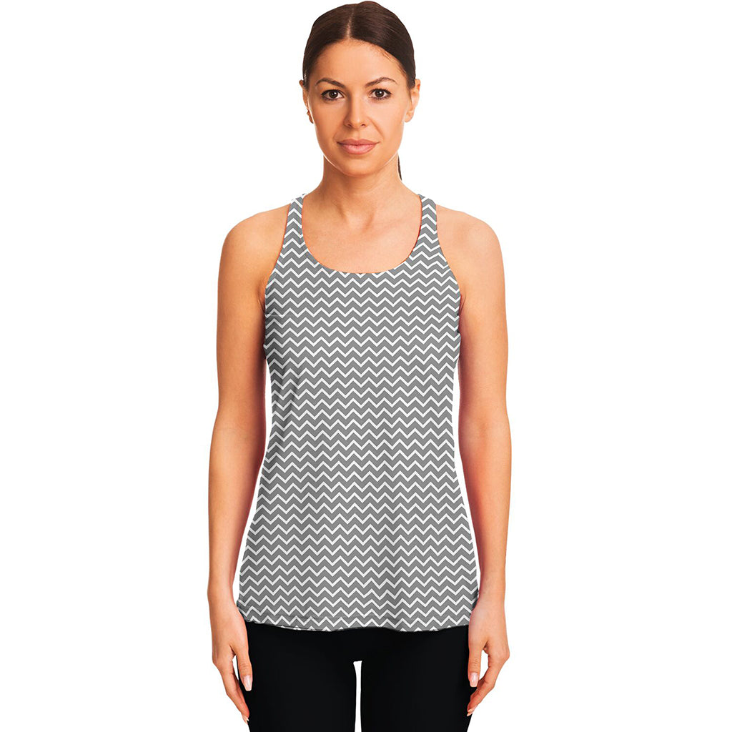 Grey And White Zigzag Pattern Print Women's Racerback Tank Top
