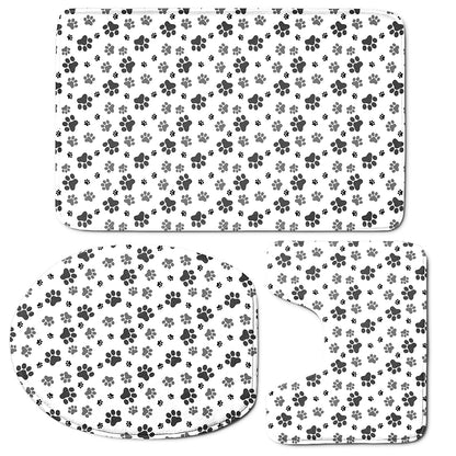 Grey Animal Paw Pattern Print 3 Piece Bath Mat Set