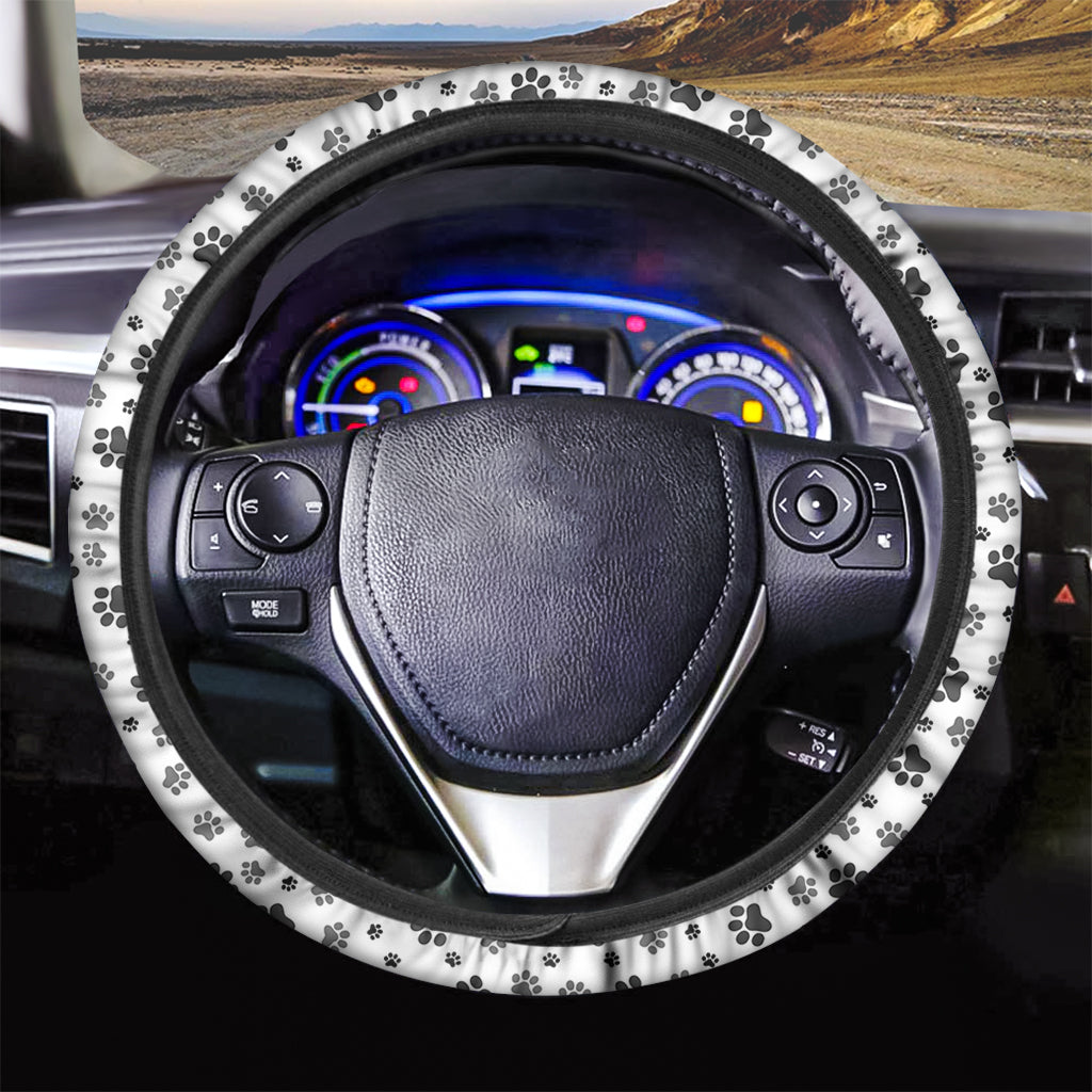 Grey Animal Paw Pattern Print Car Steering Wheel Cover