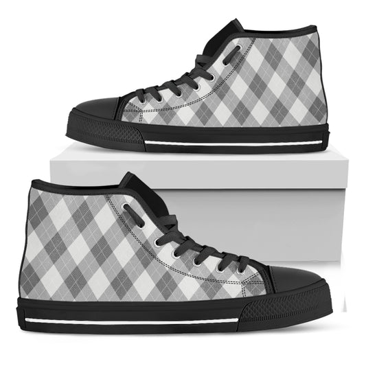Grey Argyle Pattern Print Black High Top Shoes