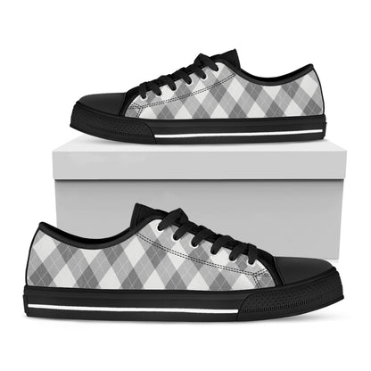 Grey Argyle Pattern Print Black Low Top Shoes