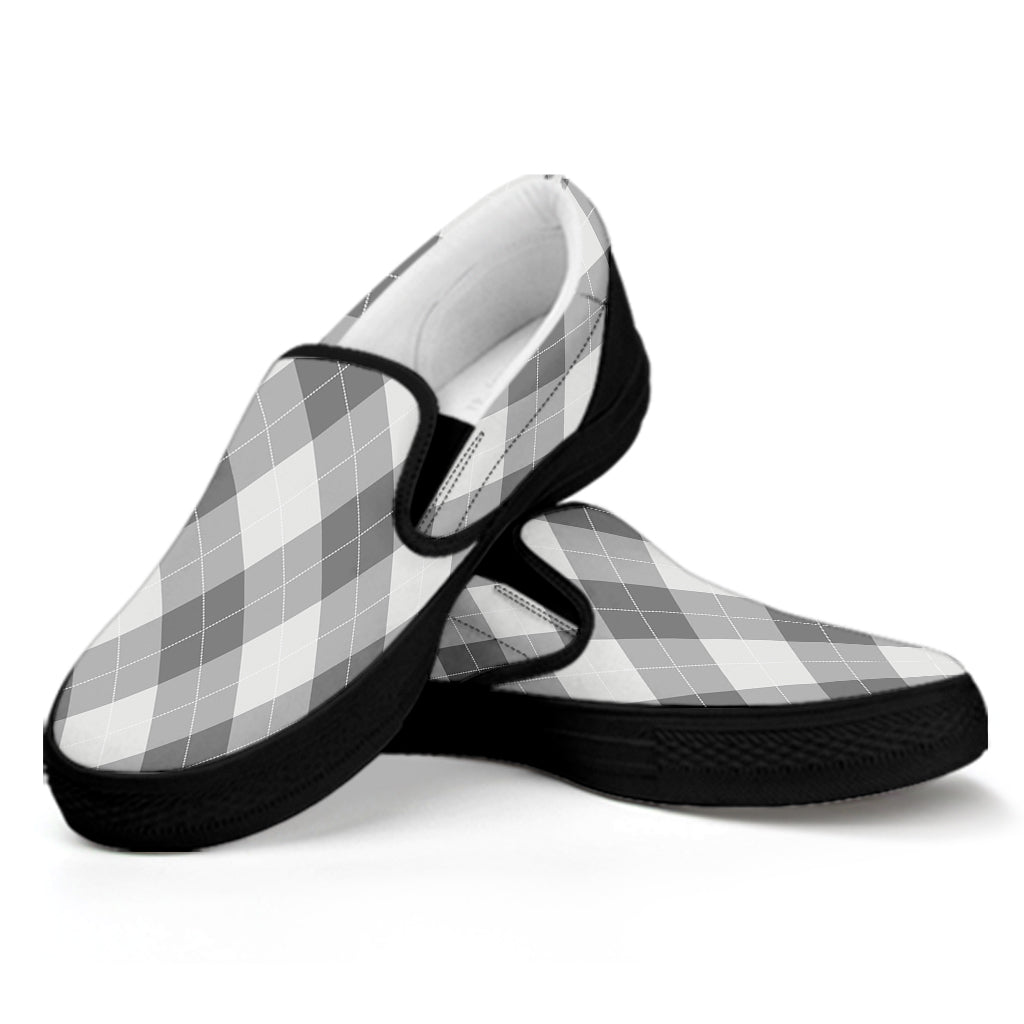 Grey Argyle Pattern Print Black Slip On Shoes