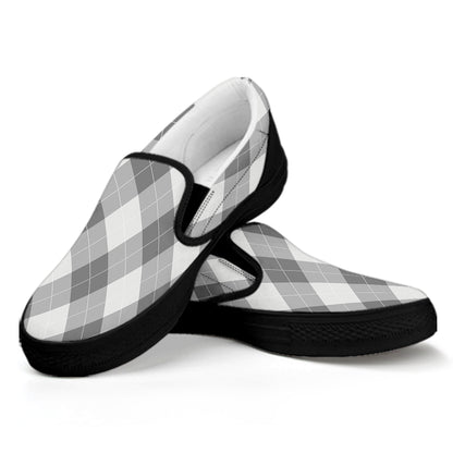 Grey Argyle Pattern Print Black Slip On Shoes