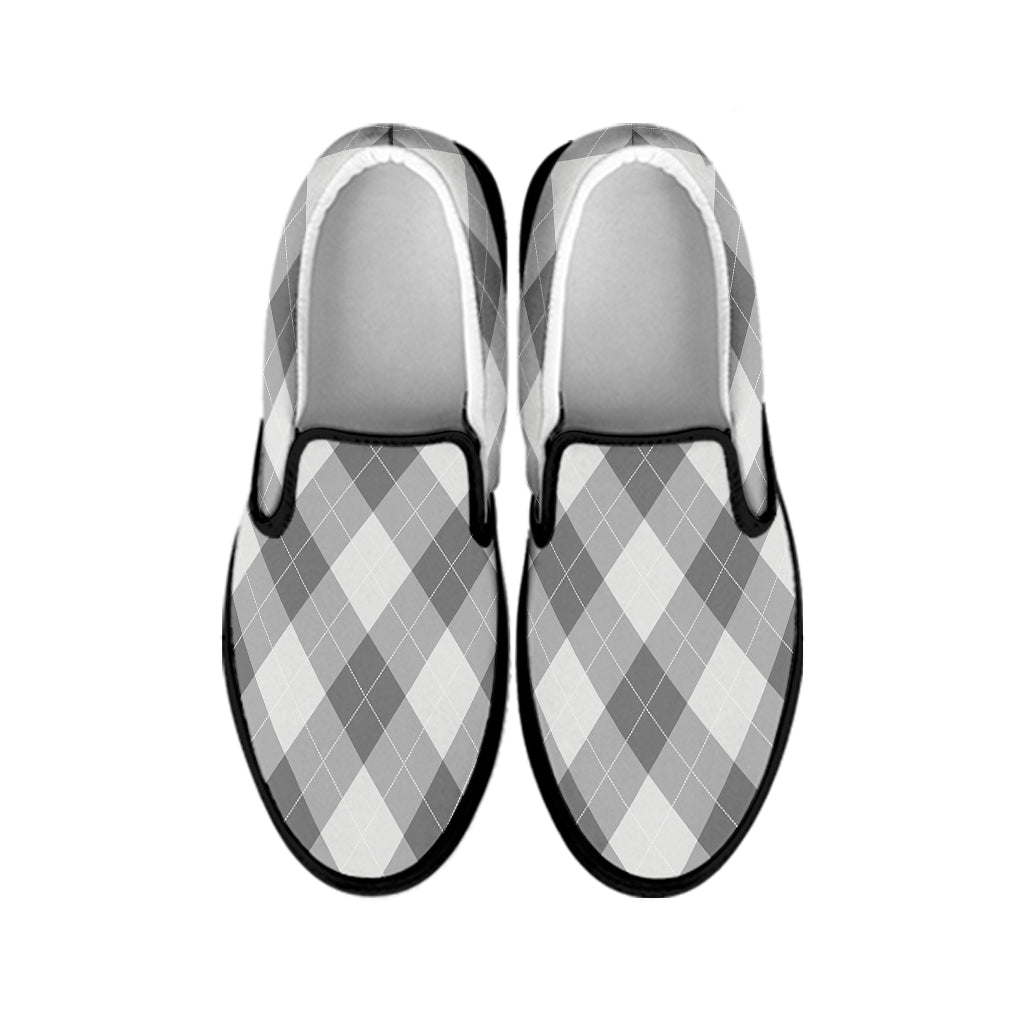 Grey Argyle Pattern Print Black Slip On Shoes