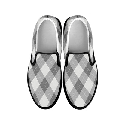 Grey Argyle Pattern Print Black Slip On Shoes