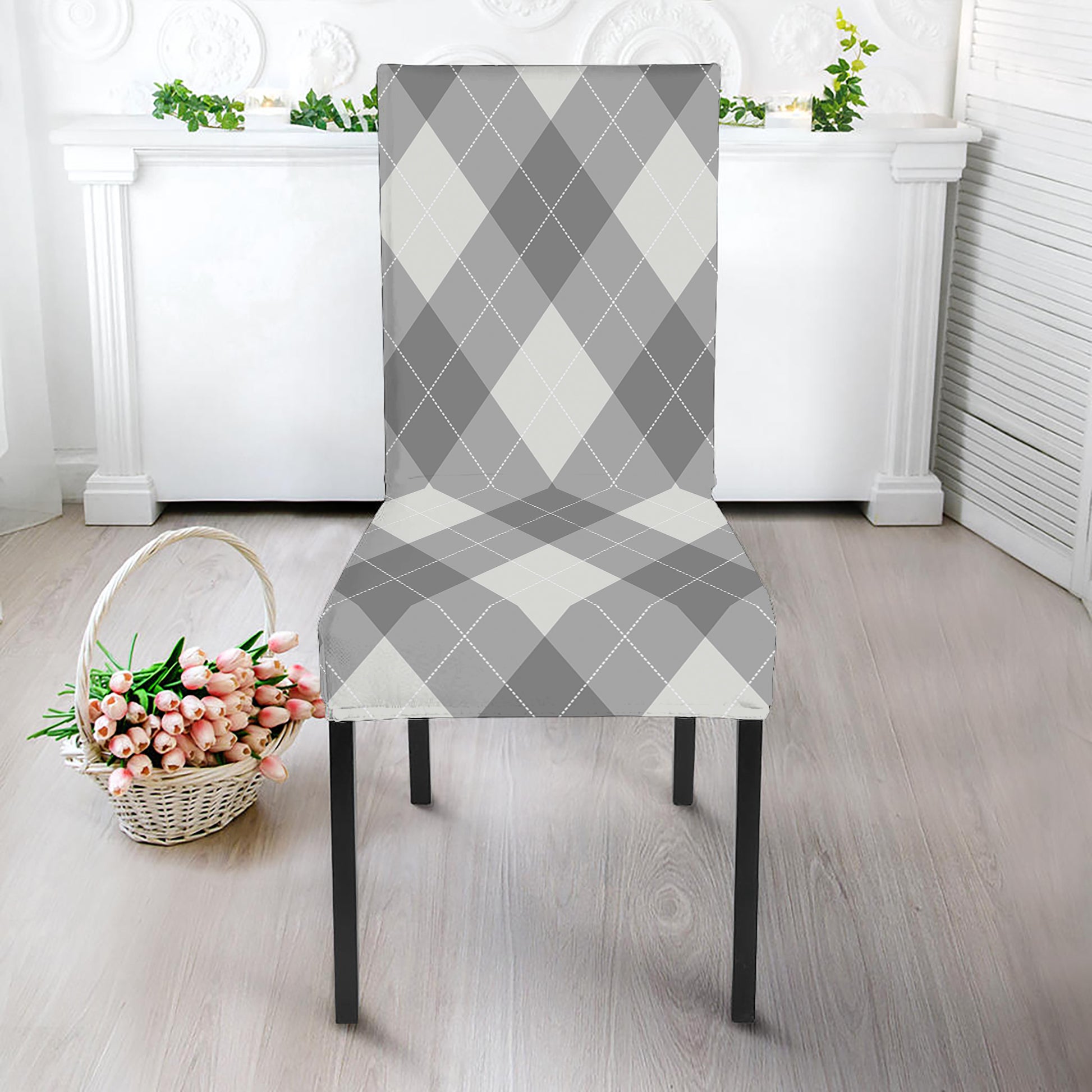 Grey Argyle Pattern Print Dining Chair Slipcover