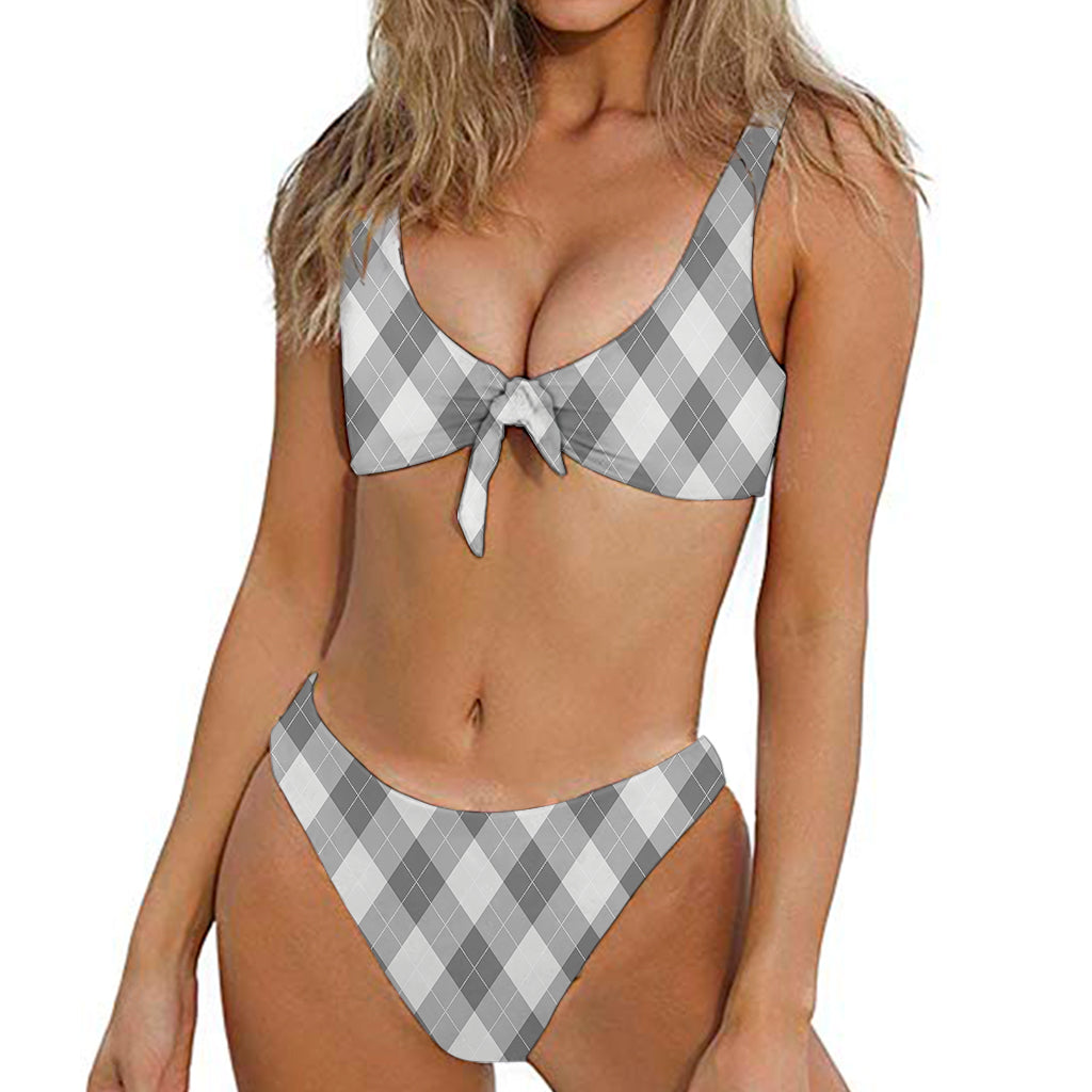 Grey Argyle Pattern Print Front Bow Tie Bikini
