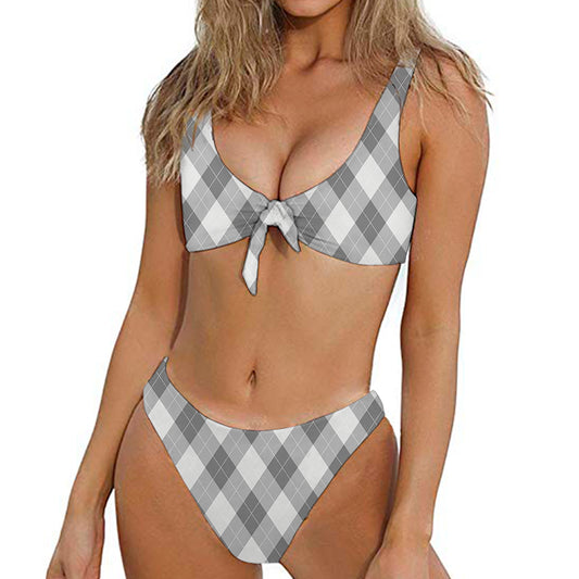 Grey Argyle Pattern Print Front Bow Tie Bikini