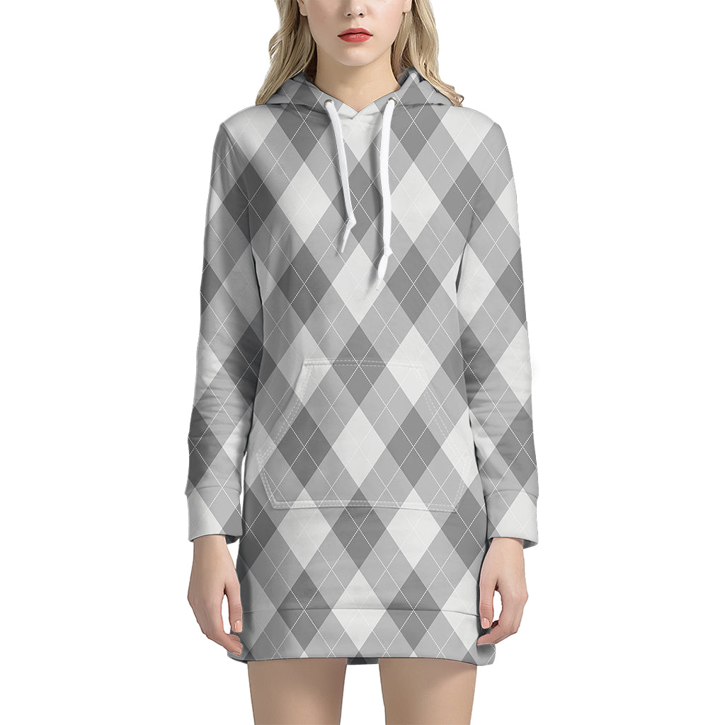Grey Argyle Pattern Print Hoodie Dress