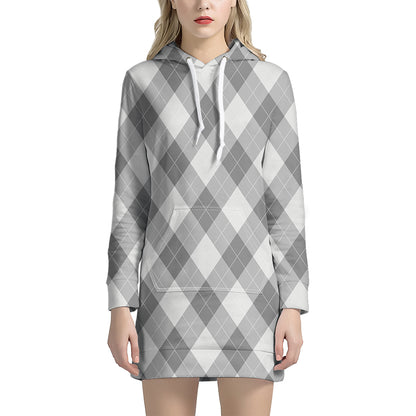 Grey Argyle Pattern Print Hoodie Dress