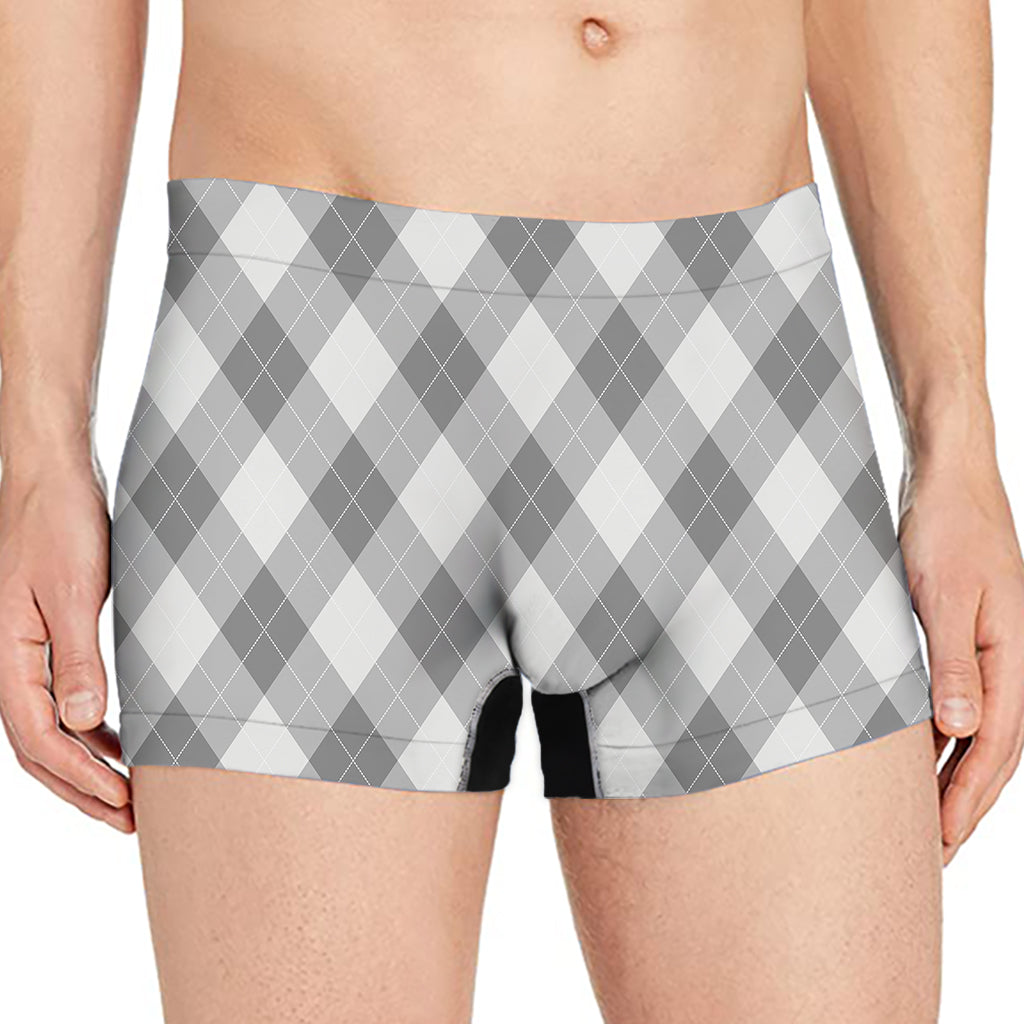 Grey Argyle Pattern Print Men's Boxer Briefs