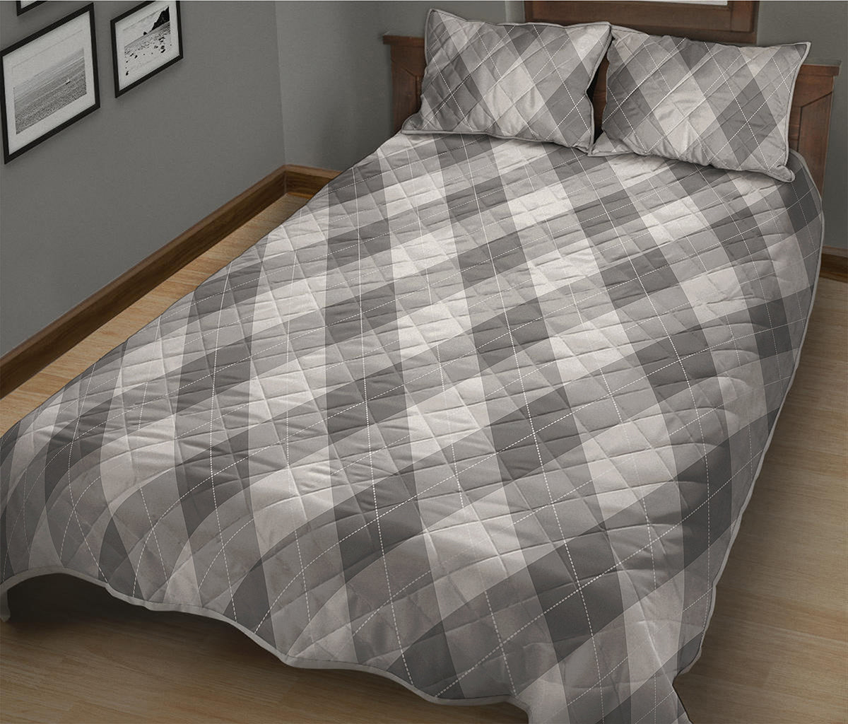 Grey Argyle Pattern Print Quilt Bed Set
