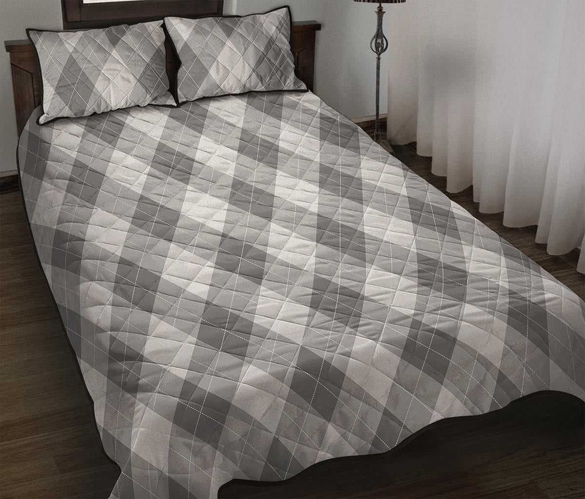 Grey Argyle Pattern Print Quilt Bed Set