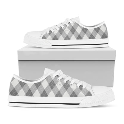 Grey Argyle Pattern Print White Low Top Shoes