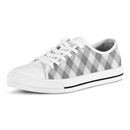 Grey Argyle Pattern Print White Low Top Shoes