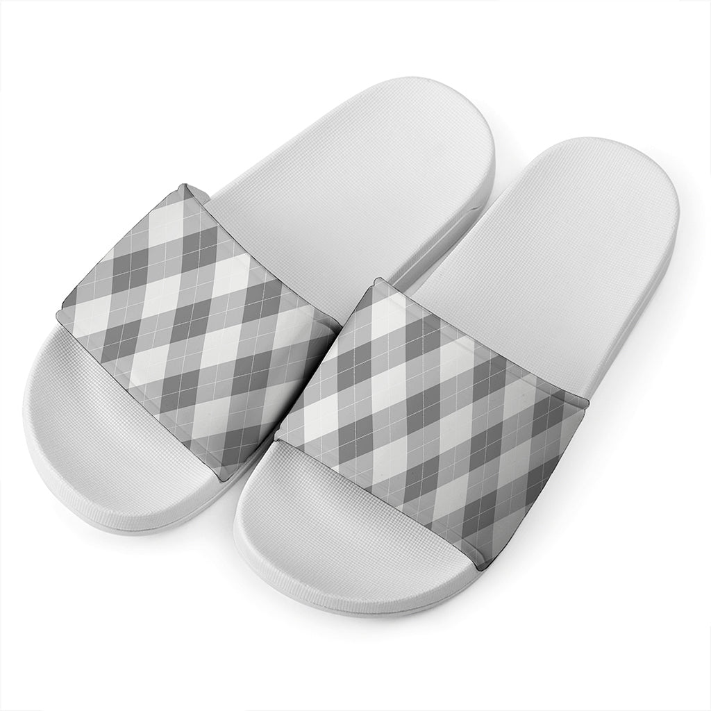 Grey Argyle Pattern Print White Slide Sandals