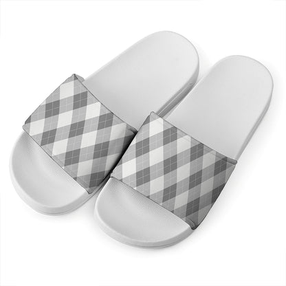 Grey Argyle Pattern Print White Slide Sandals