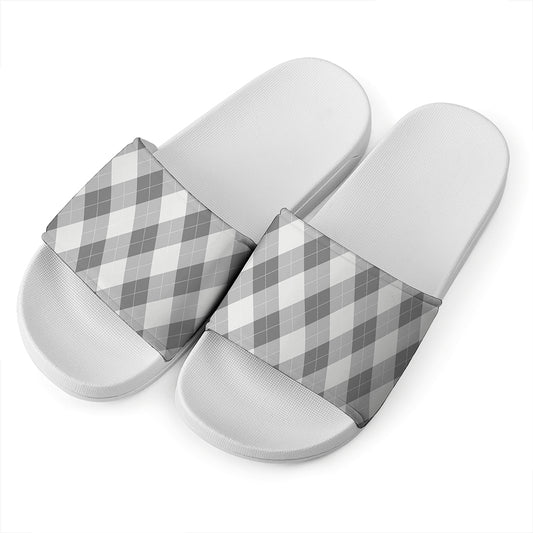Grey Argyle Pattern Print White Slide Sandals