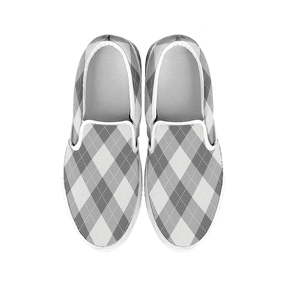 Grey Argyle Pattern Print White Slip On Shoes