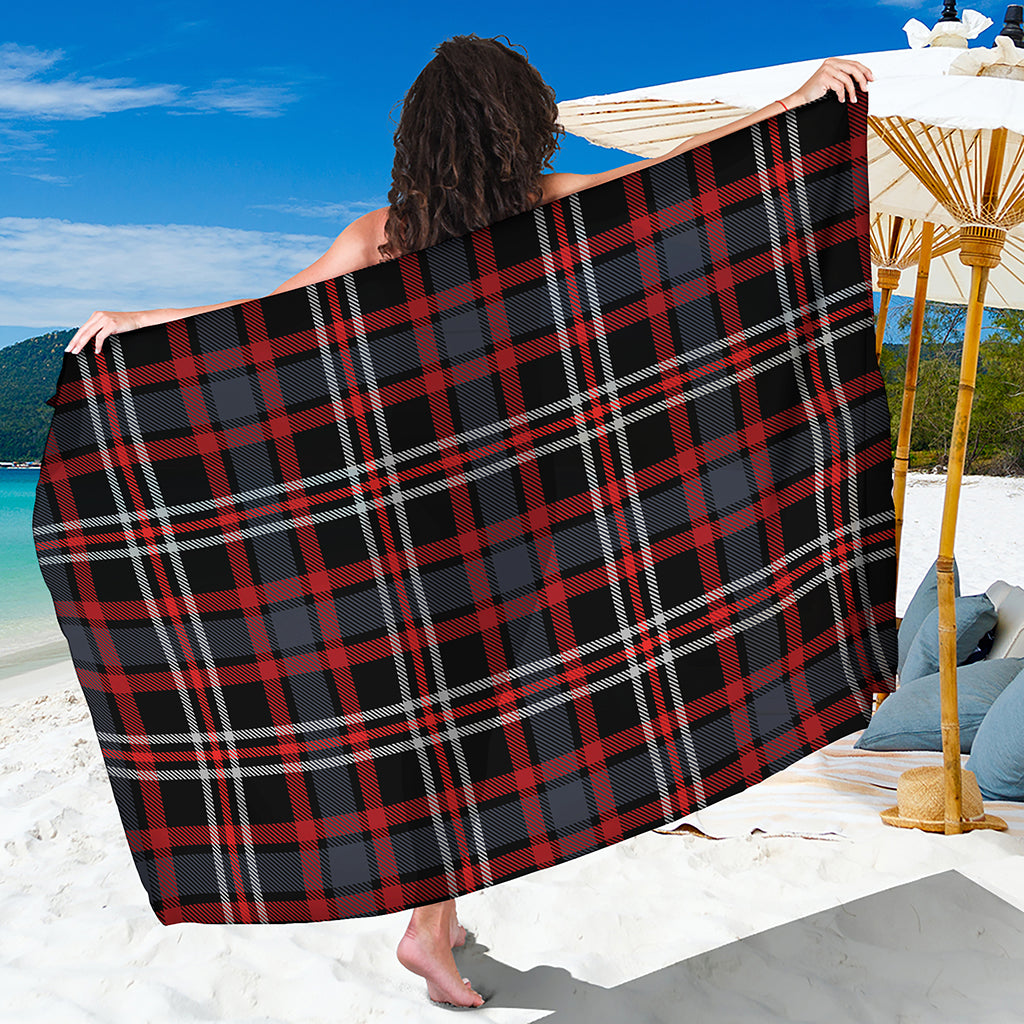 Grey Black And Red Scottish Plaid Print Beach Sarong Wrap